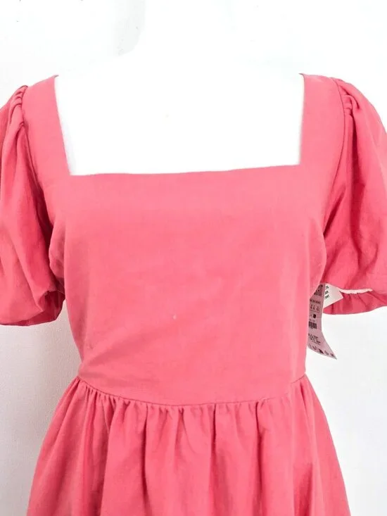 NWT ZARA Salmon Pink Square Neck Linen Puff Sleeve Bow Tie Back Mini Dress XL - Picture 4 of 11